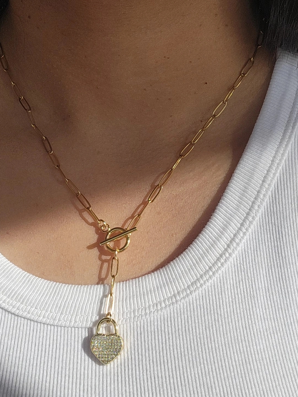 Gold Paperclip Chain Necklace with Pavé Heart Pendant - Women Jewelry